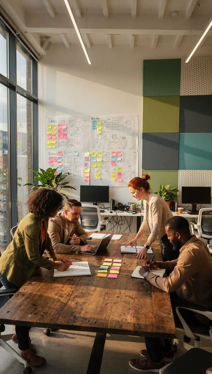 A vibrant break area designed for relaxation, incorporating plants and soft seating to foster a refreshing environment.